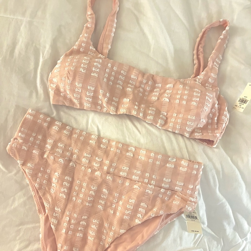 NWT aerie scoop neck and high waisted bikini pink textured gingham size M